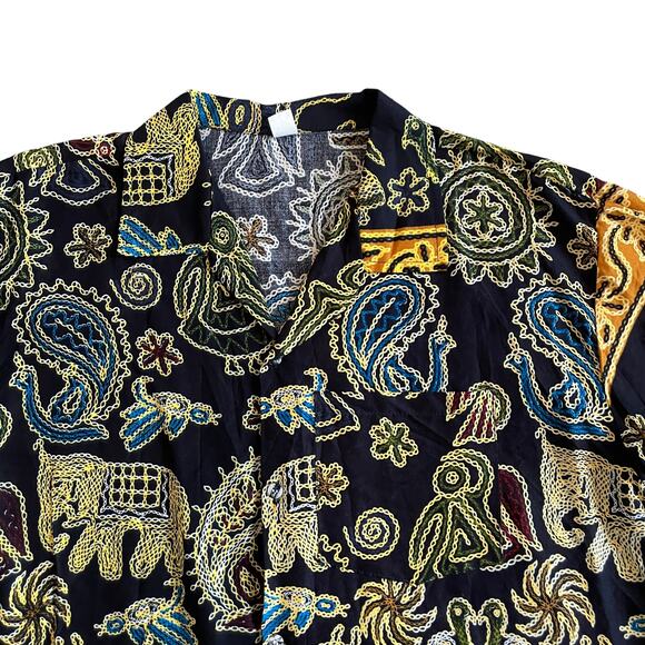 Vintage Men's L Ethnic Rayon Short Sleeve Hawaiian Shirt Mix Print Black Multi - Picture 2 of 15